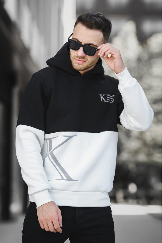 Kewin Üç İplik Şardonlu Baskılı Çift Renk Parçalı Kapüşonlu Erkek Sweatshirt