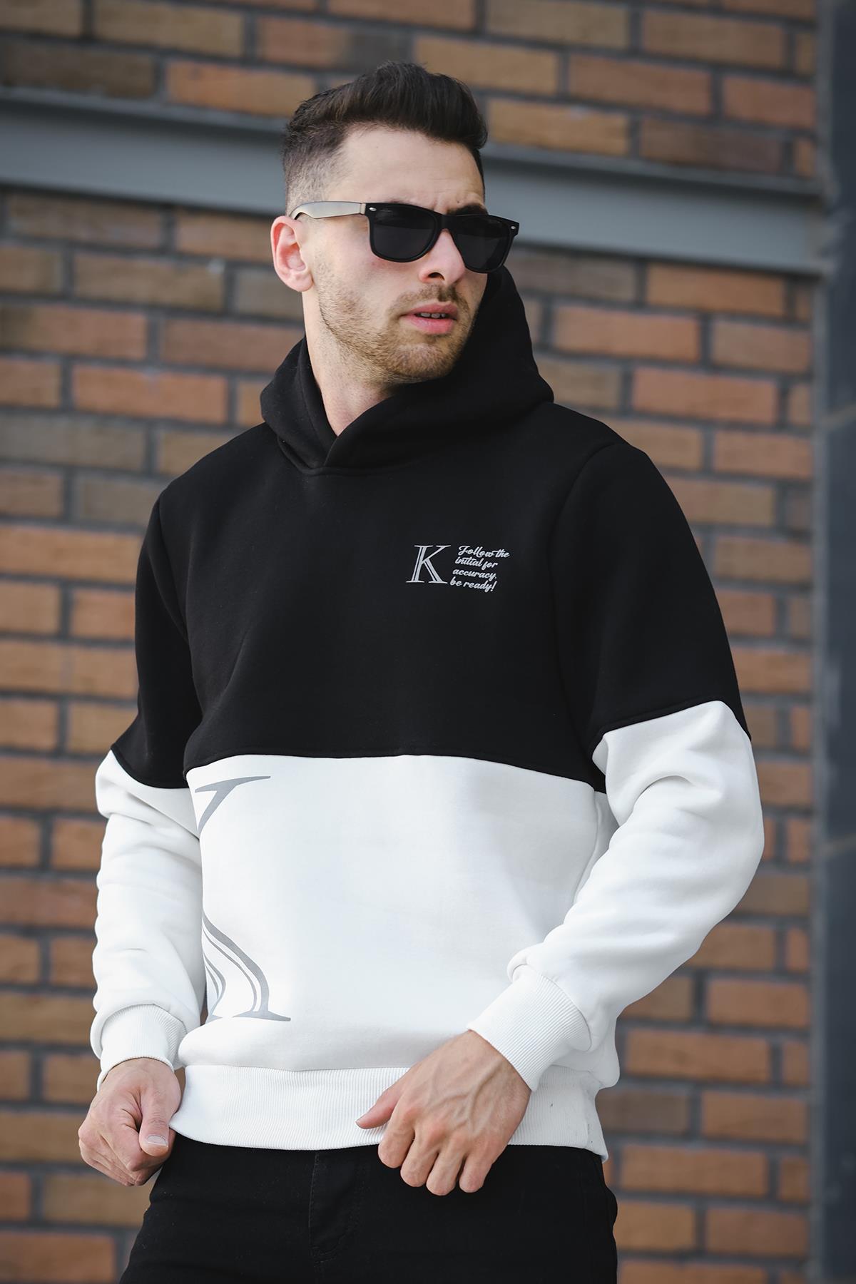 Kewin Üç İplik Şardonlu Baskılı Çift Renk Parçalı Kapüşonlu Erkek Sweatshirt