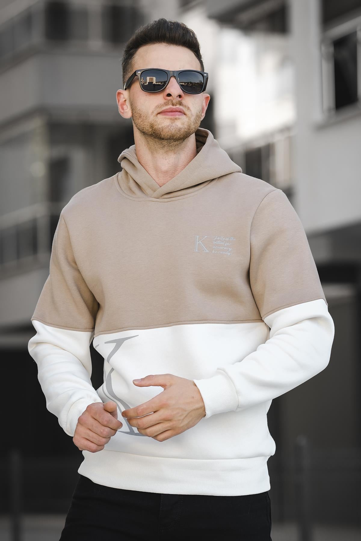 Kewin Üç İplik Şardonlu Baskılı Çift Renk Parçalı Kapüşonlu Erkek Sweatshirt