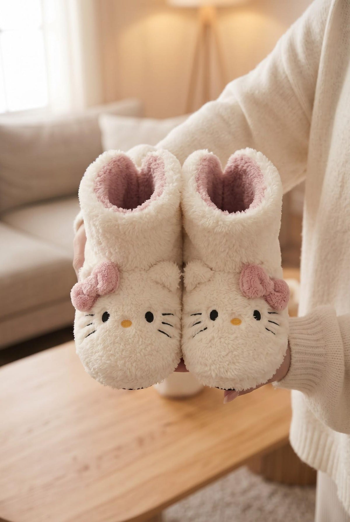 Kully Kedi Figürlü Yumuşşak Peluş Ev Botu, Kaydırmaz Tabanlı İçi Tüylü Kışlık Ev Pandufu