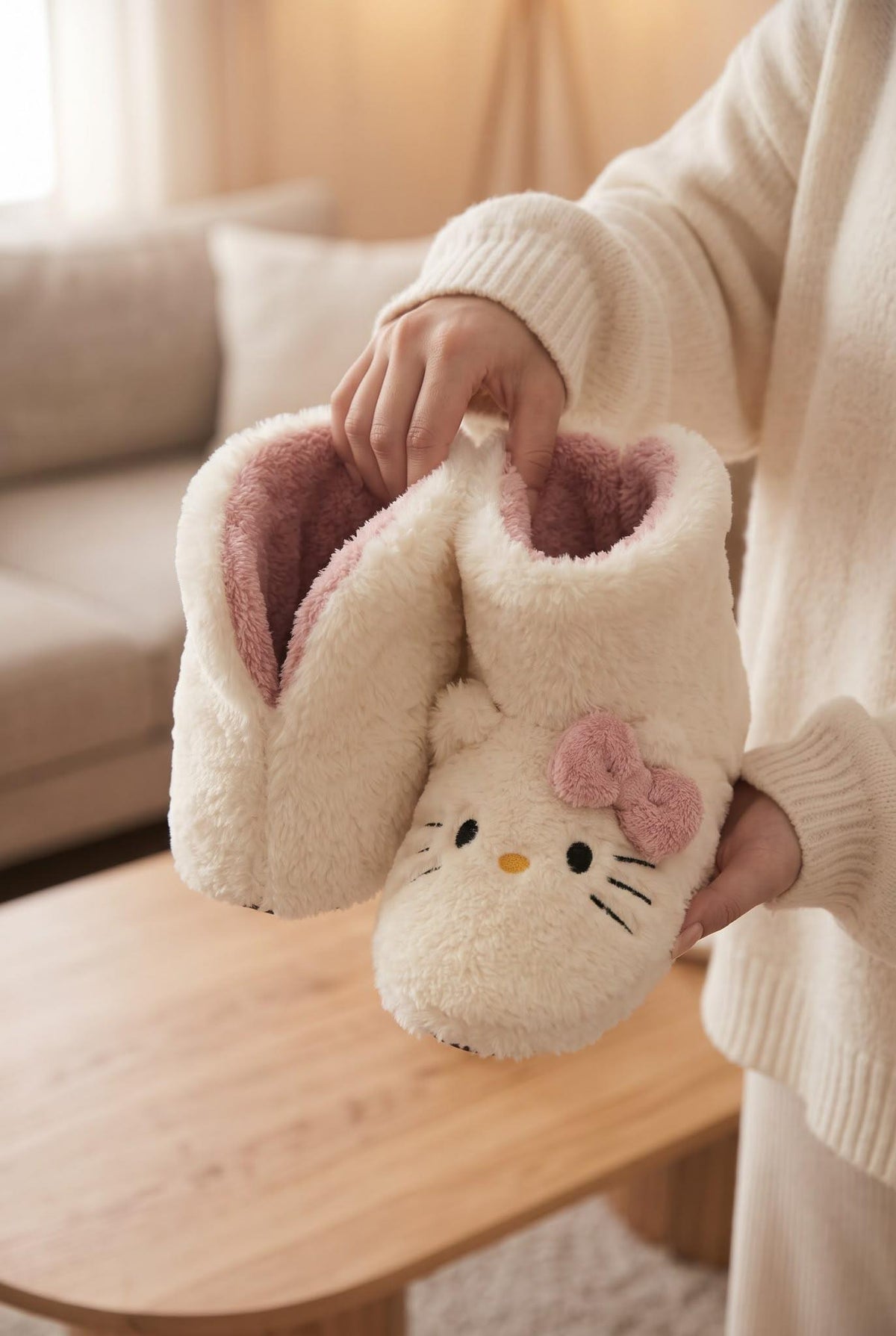 Kully Kedi Figürlü Yumuşşak Peluş Ev Botu, Kaydırmaz Tabanlı İçi Tüylü Kışlık Ev Pandufu