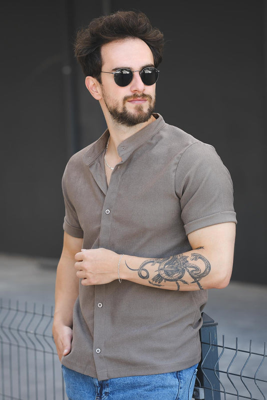 Laend Slim Fit Esnek Likralı Kısa Kol Hakim Yaka Erkek Gömlek