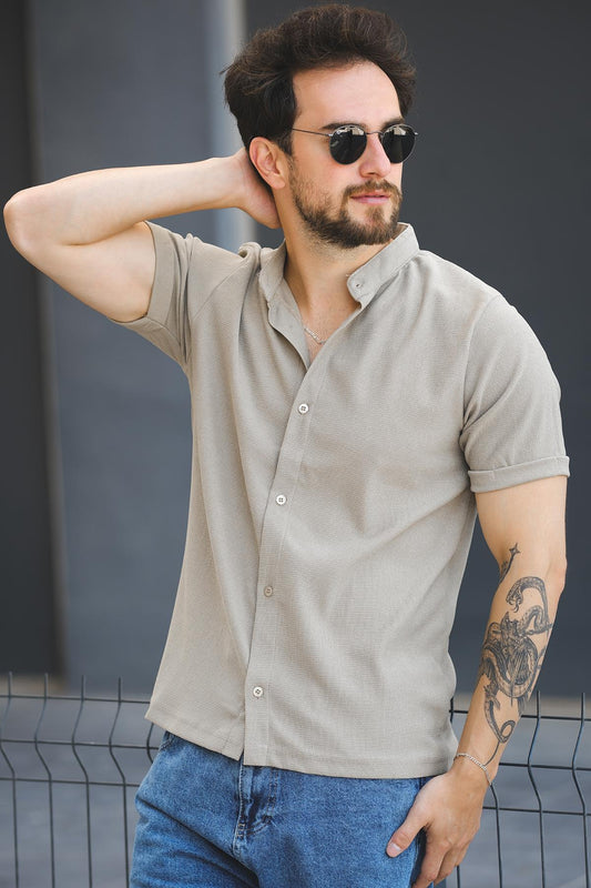 Laend Slim Fit Esnek Likralı Kısa Kol Hakim Yaka Erkek Gömlek