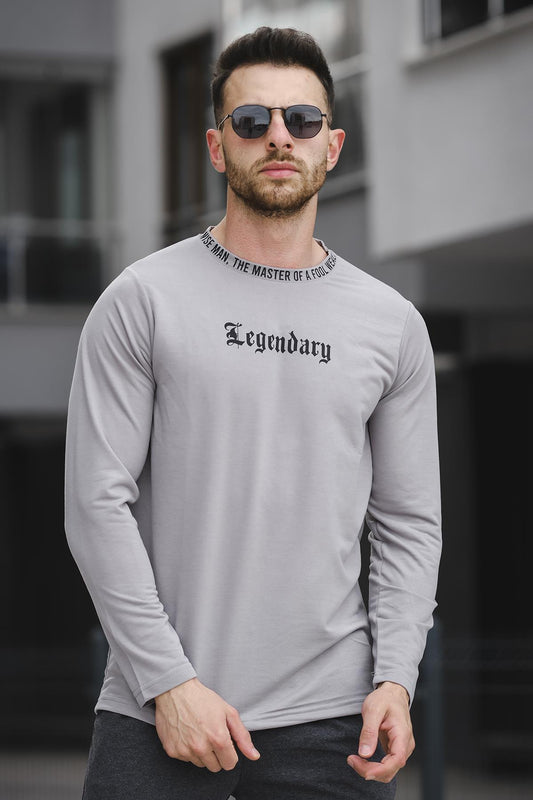 Legend Yakası Baskılı Slim Fit Likralı Sıfır Yaka Erkek Sweatshirt