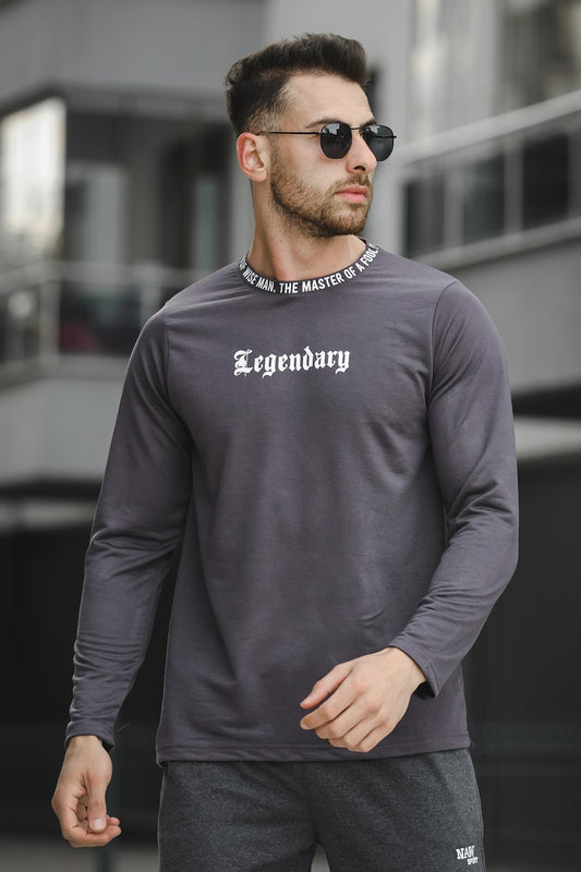 Legend Yakası Baskılı Slim Fit Likralı Sıfır Yaka Erkek Sweatshirt