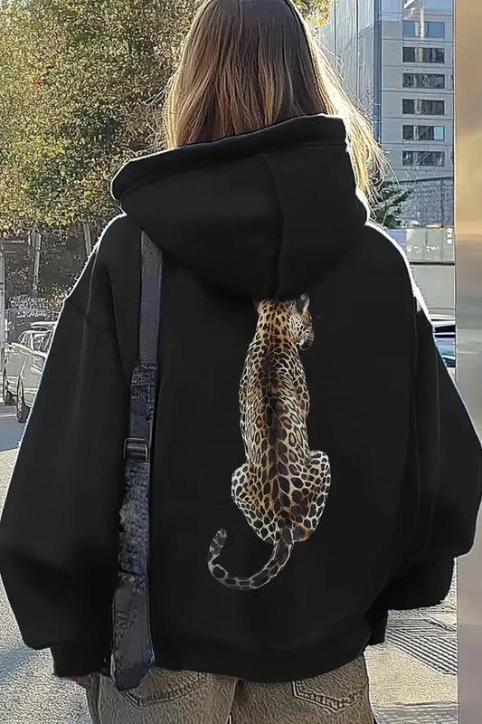 Leopar Sırt Baskılı İçi Pamuklu Unisex Sweatshirt