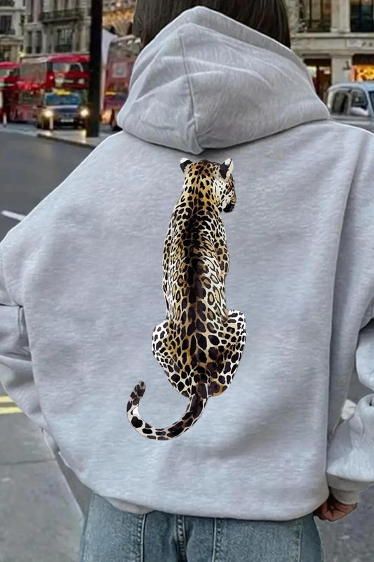 Leopar Sırt Baskılı İçi Pamuklu Unisex Sweatshirt