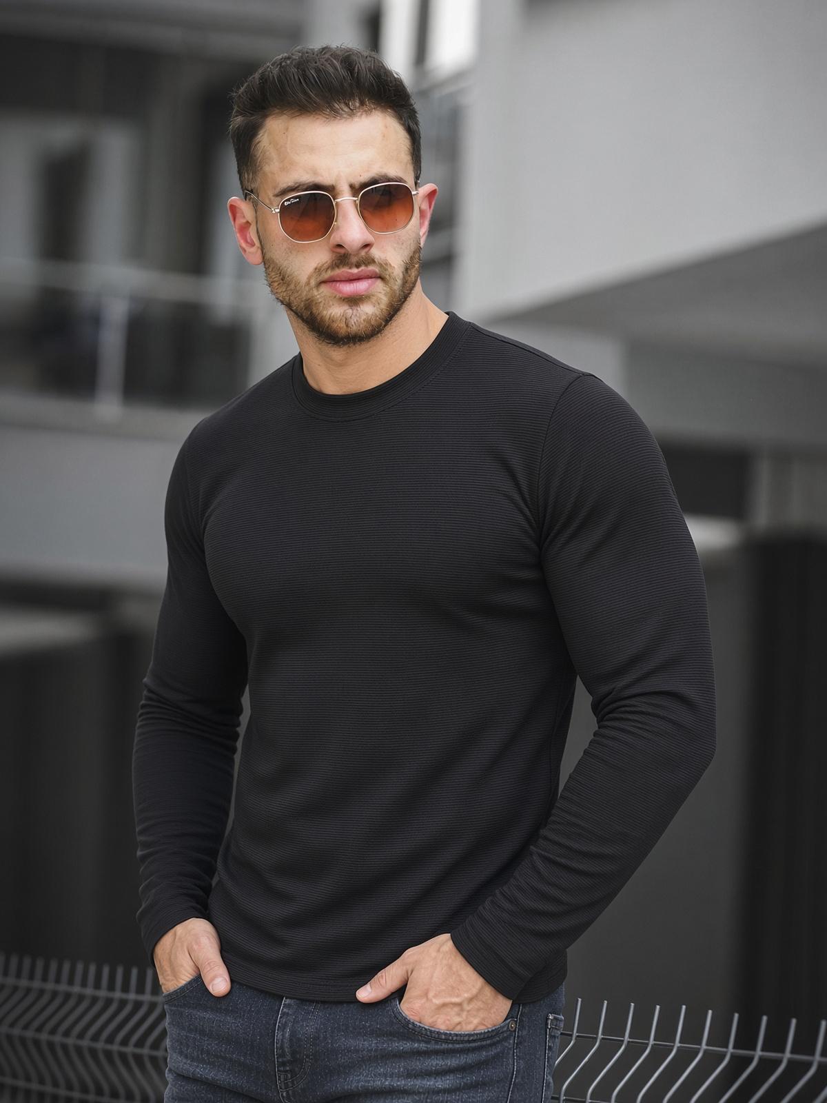 Lgg Otoban Dar Kesim Bisiklet Yaka Uzun Kollu Dokulu Casual Tişört / Sweatshirt