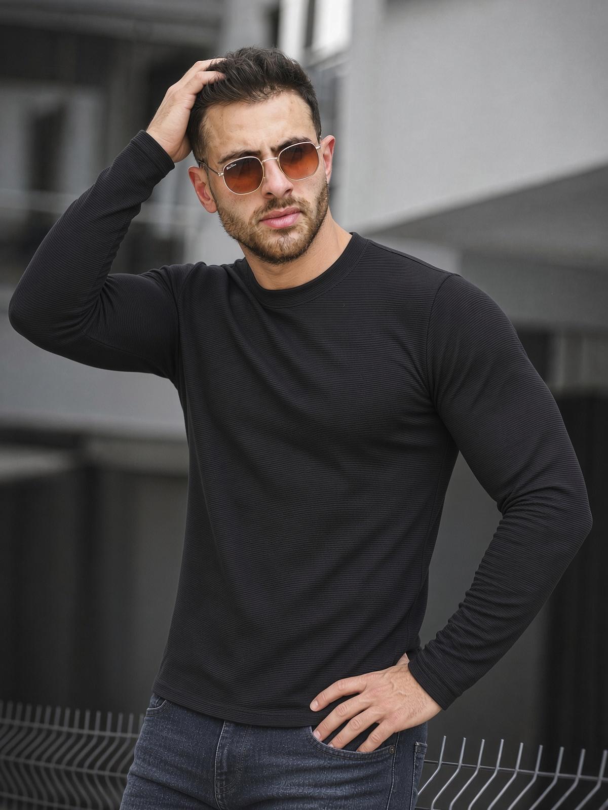 Lgg Otoban Dar Kesim Bisiklet Yaka Uzun Kollu Dokulu Casual Tişört / Sweatshirt