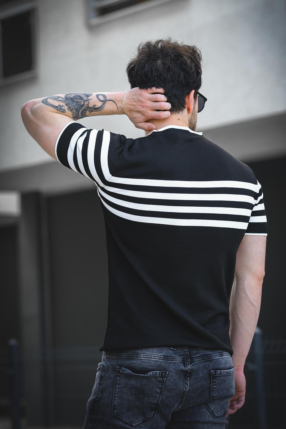Liam Çizgili Likralı Slim Fit Bisiklet Yaka Örme Erkek Triko Tshirt