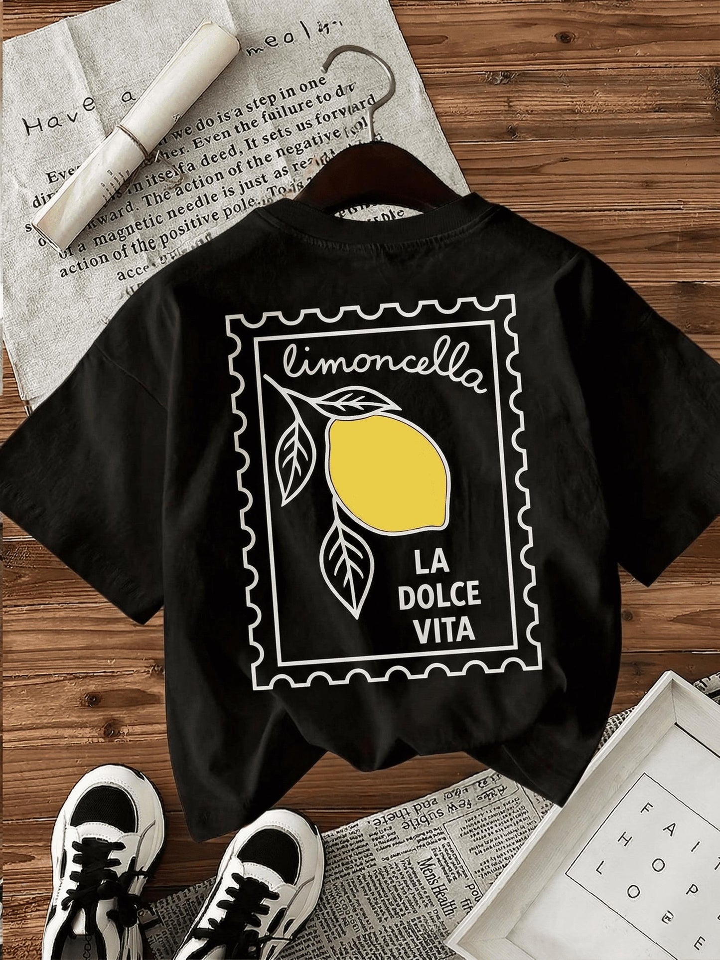 Limoncella "La Dolce Vita" Baskılı Oversize Pamuklu Kadın T-Shirt