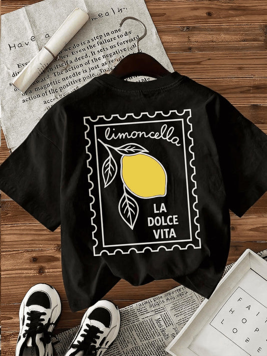 Limoncella "La Dolce Vita" Baskılı Oversize Pamuklu Kadın T-Shirt