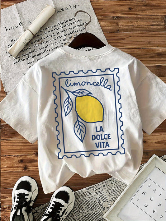 Limoncella "La Dolce Vita" Baskılı Oversize Pamuklu Kadın T-Shirt