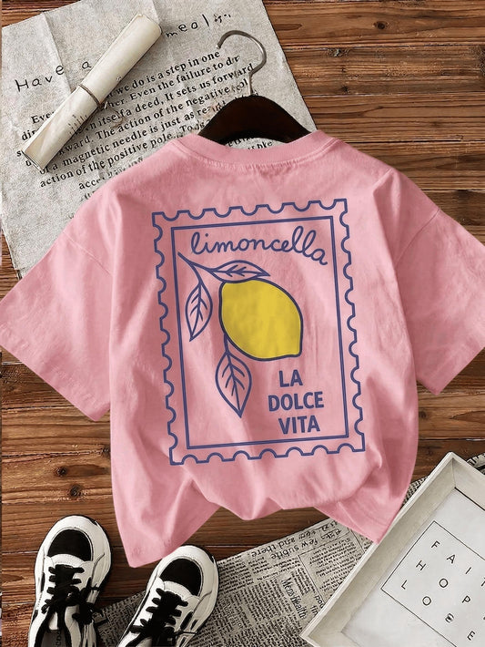 Limoncella "La Dolce Vita" Baskılı Oversize Pamuklu Kadın T-Shirt