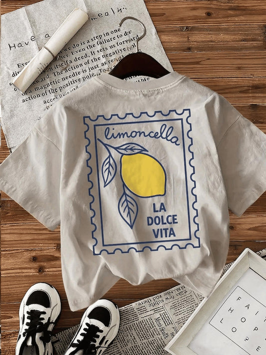 Limoncella "La Dolce Vita" Baskılı Oversize Pamuklu Kadın T-Shirt