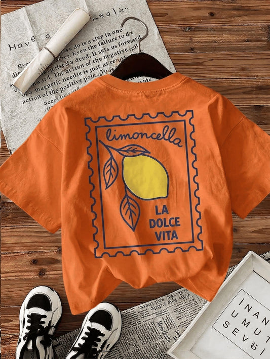 Limoncella "La Dolce Vita" Baskılı Oversize Pamuklu Kadın T-Shirt