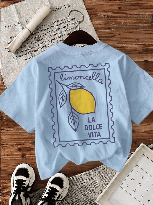 Limoncella "La Dolce Vita" Baskılı Oversize Pamuklu Kadın T-Shirt
