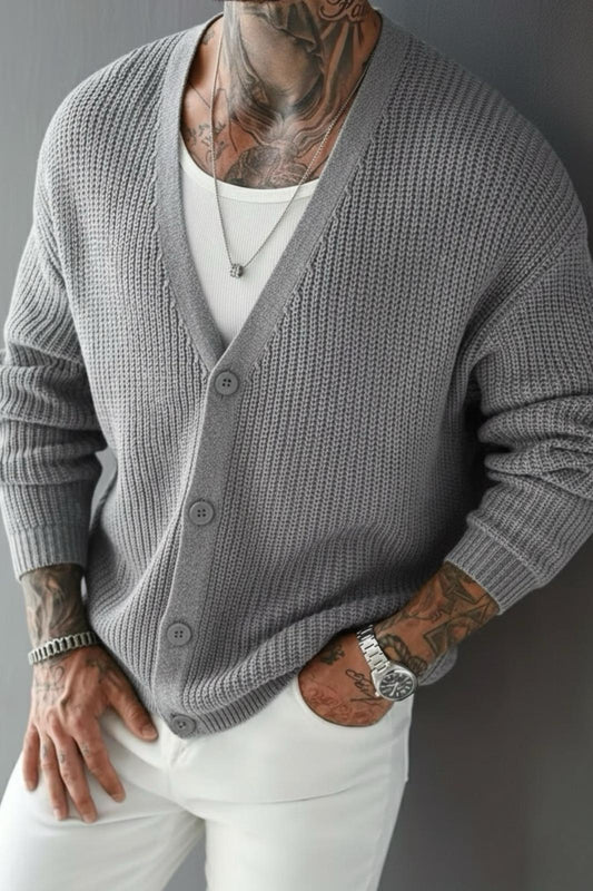 Grov Düğmeli V Yaka Kalın Erkek Hırka