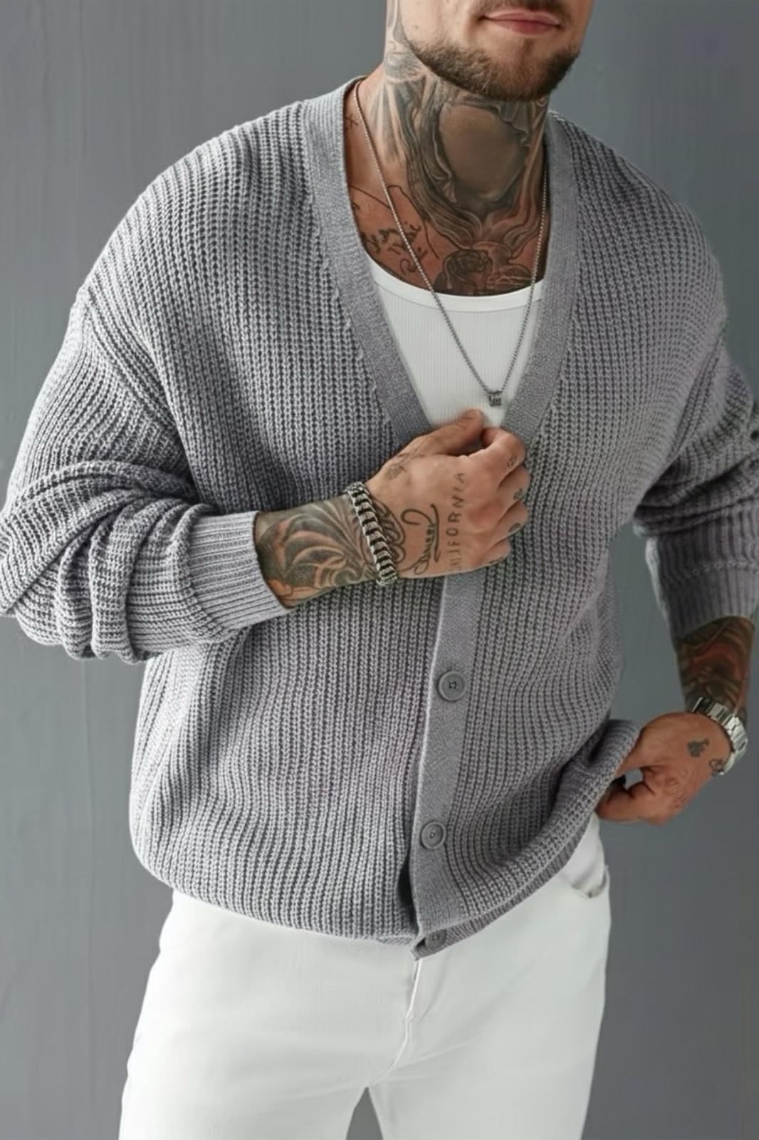 Grov Düğmeli V Yaka Kalın Erkek Hırka