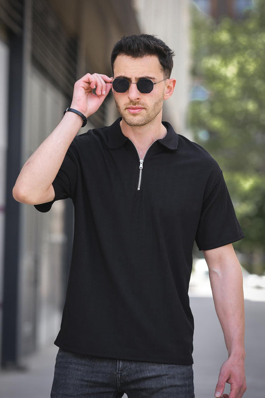 Lond Polo Yaka Jakar Kumaş Yarım Fermuarlı Erkek Tshirt