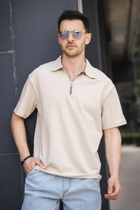 Lond Polo Yaka Jakar Kumaş Yarım Fermuarlı Erkek Tshirt