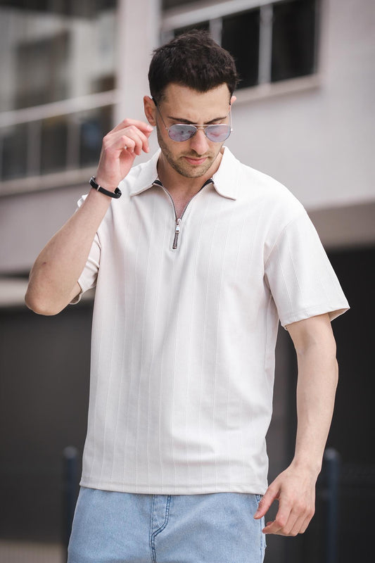 Lond Polo Yaka Jakar Kumaş Yarım Fermuarlı Erkek Tshirt