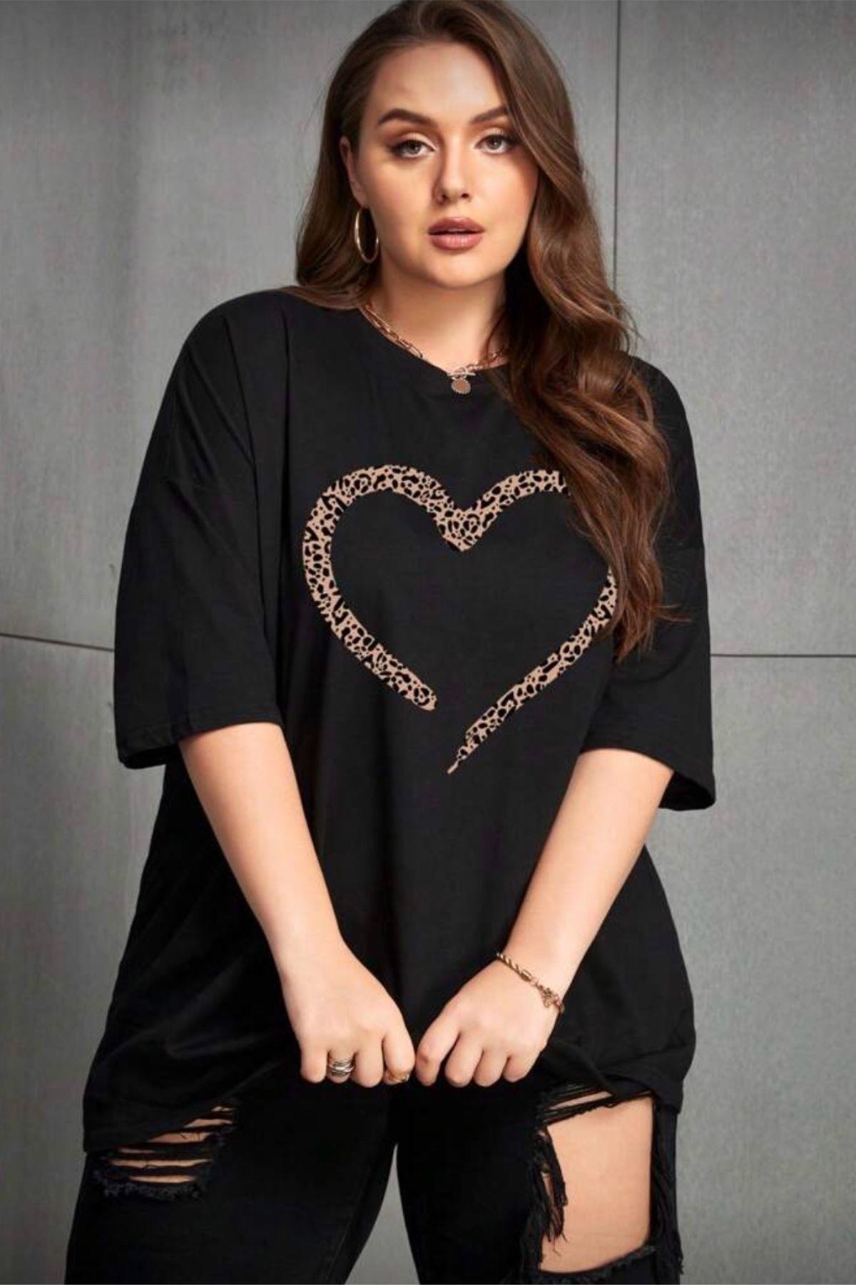 Love Kadın Büyük Beden Battal Baskılı Bisiklet Yaka Pamuklu T-Shirt Rahat Kesim Unisex Sevgili Kombini