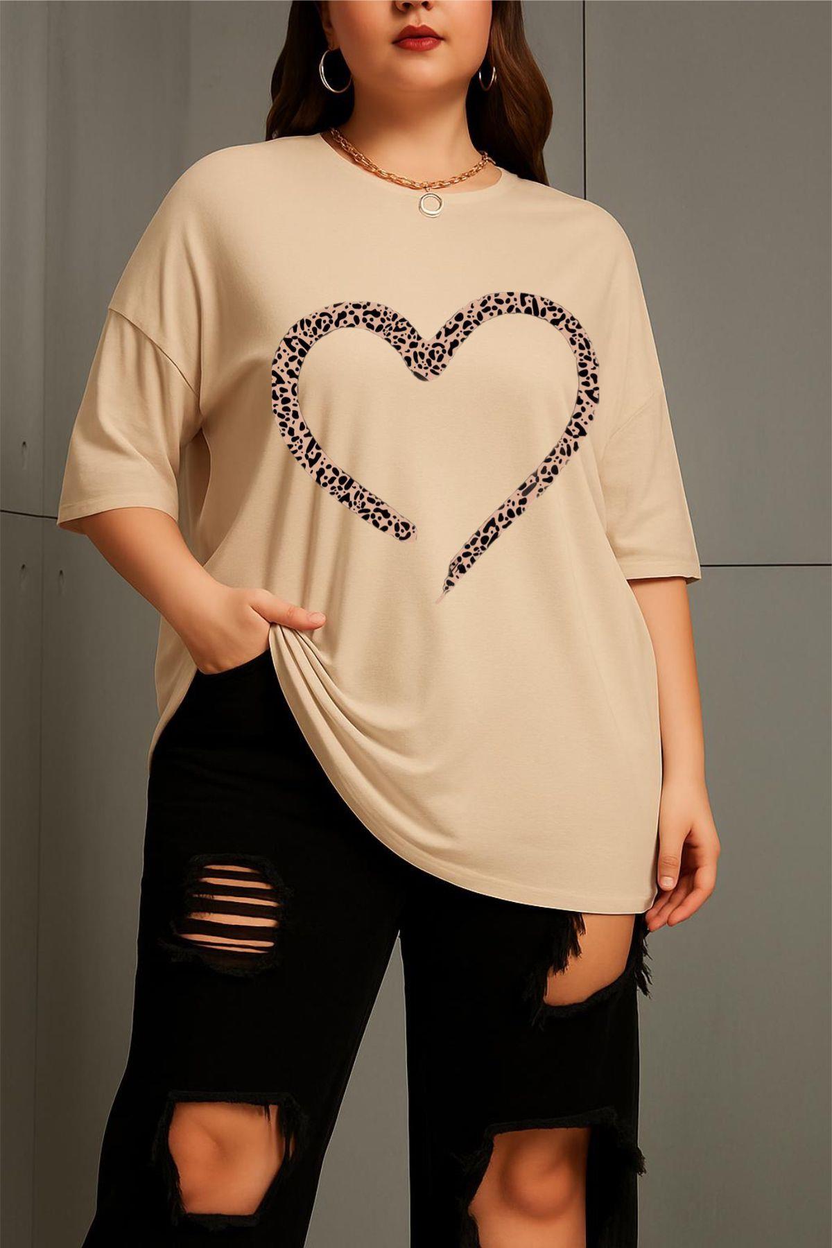 Love Kadın Büyük Beden Battal Baskılı Bisiklet Yaka Pamuklu T-Shirt Rahat Kesim Unisex Sevgili Kombini