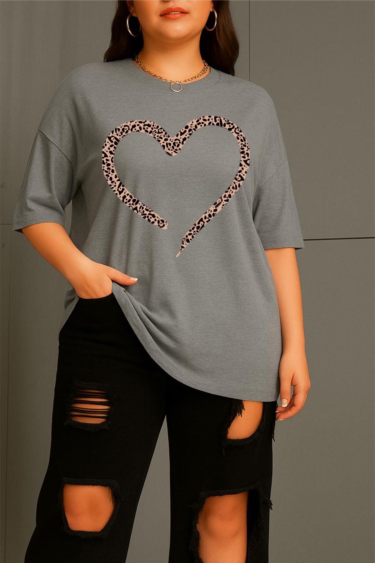 Love Kadın Büyük Beden Battal Baskılı Bisiklet Yaka Pamuklu T-Shirt Rahat Kesim Unisex Sevgili Kombini