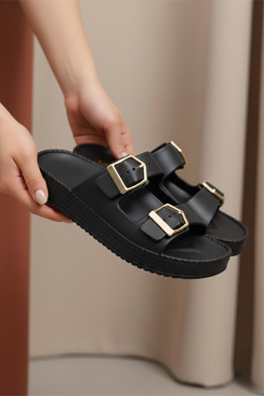 Lovi Z044 Metal Toka Detaylı Platform Taban Kadın Terlik Şehirli Stil