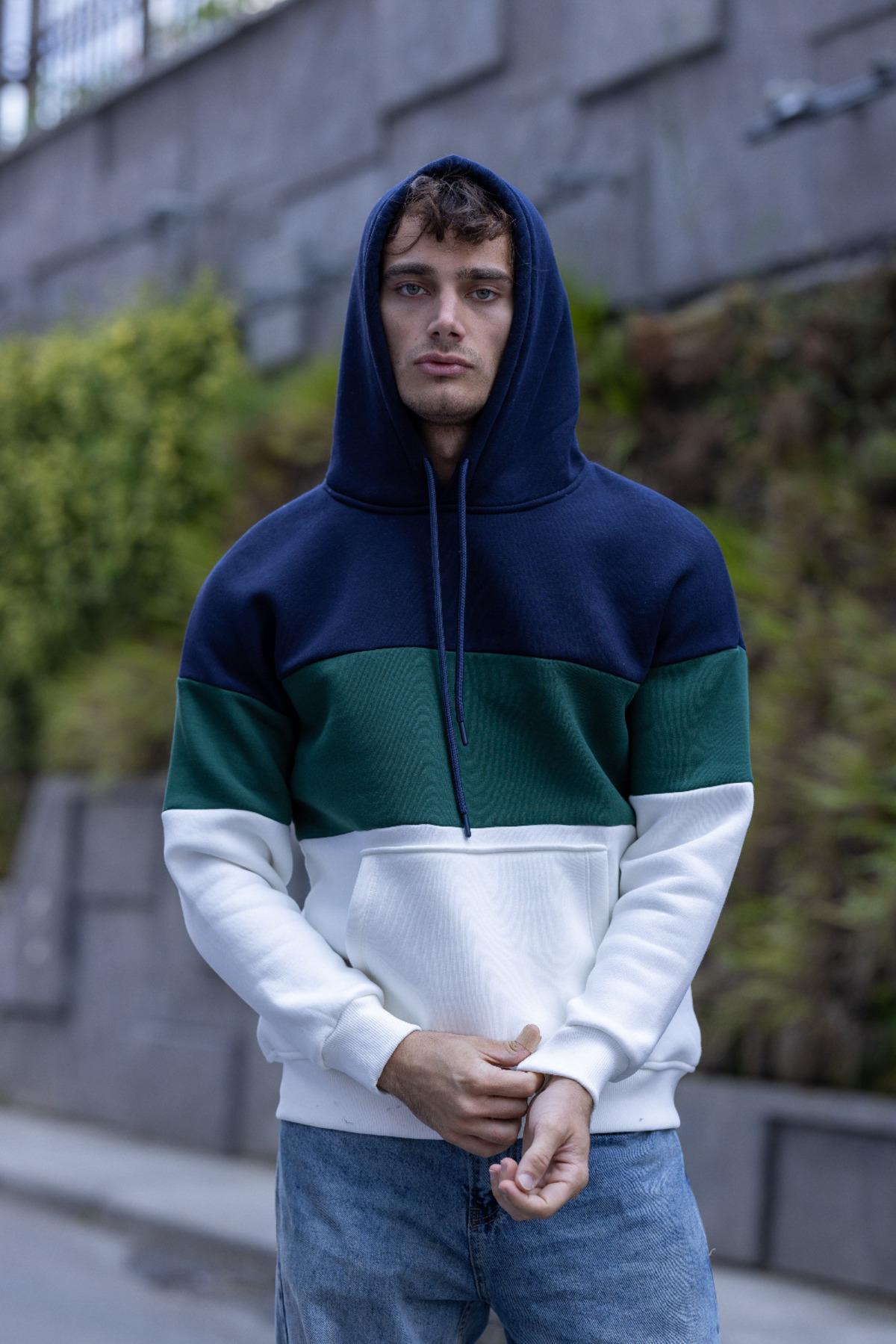 Luan Üç İplik Pamuklu Parçalı Kapüşonlu Erkek Sweatshirt