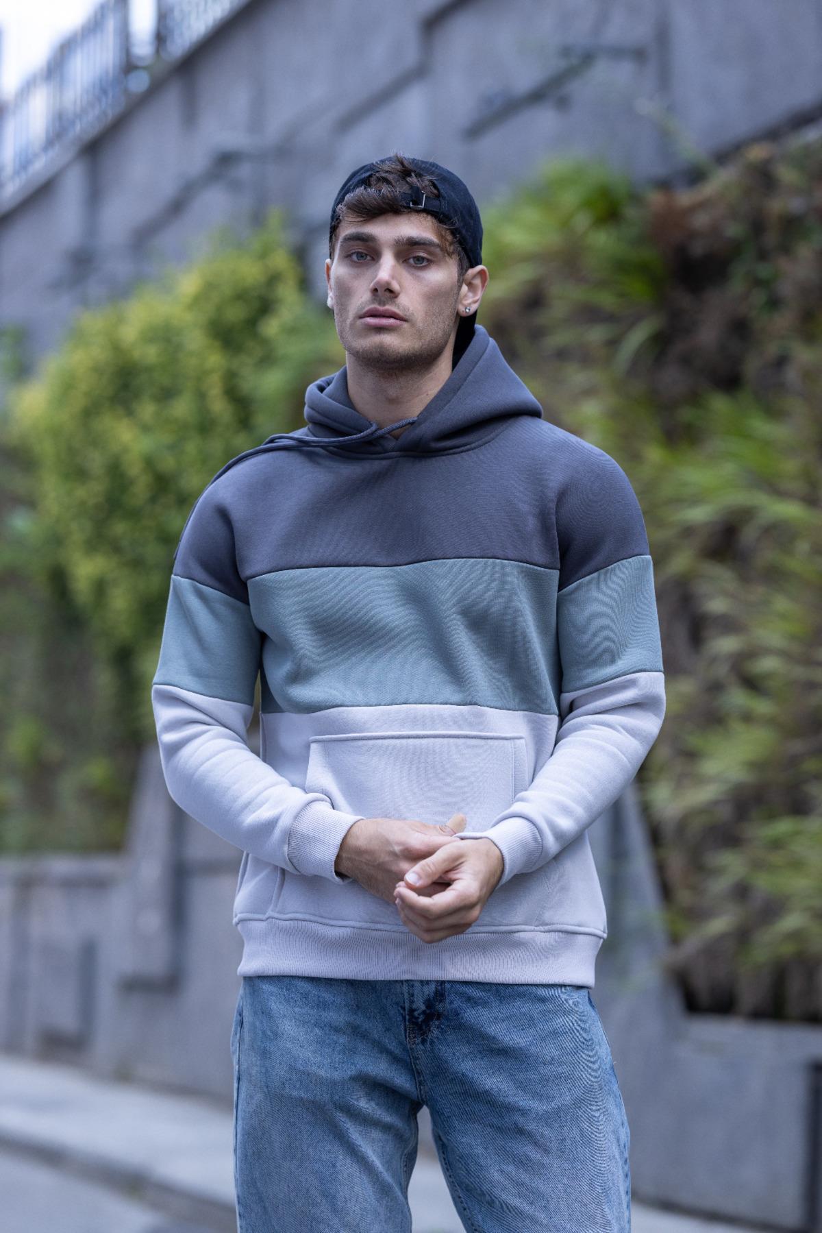 Luan Üç İplik Pamuklu Parçalı Kapüşonlu Erkek Sweatshirt