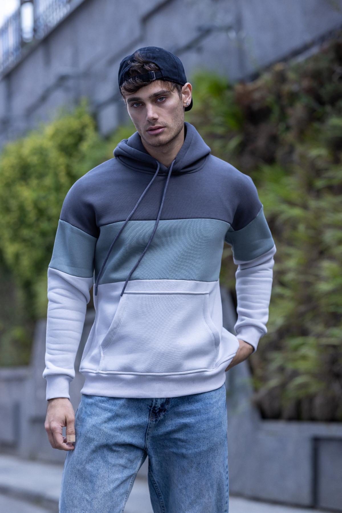 Luan Üç İplik Pamuklu Parçalı Kapüşonlu Erkek Sweatshirt