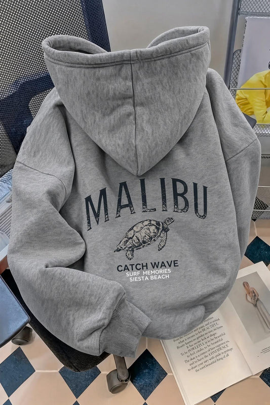 Malibu Kaplumbağa Unisex Sırt Baskılı Oversize Kapüşonlu Sweatshirt Kanguru Cepli İki İplik Şardonlu Hoodie