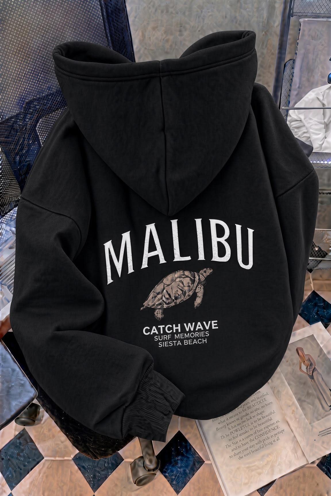 Malibu Kaplumbağa Unisex Sırt Baskılı Oversize Kapüşonlu Sweatshirt Kanguru Cepli İki İplik Şardonlu Hoodie