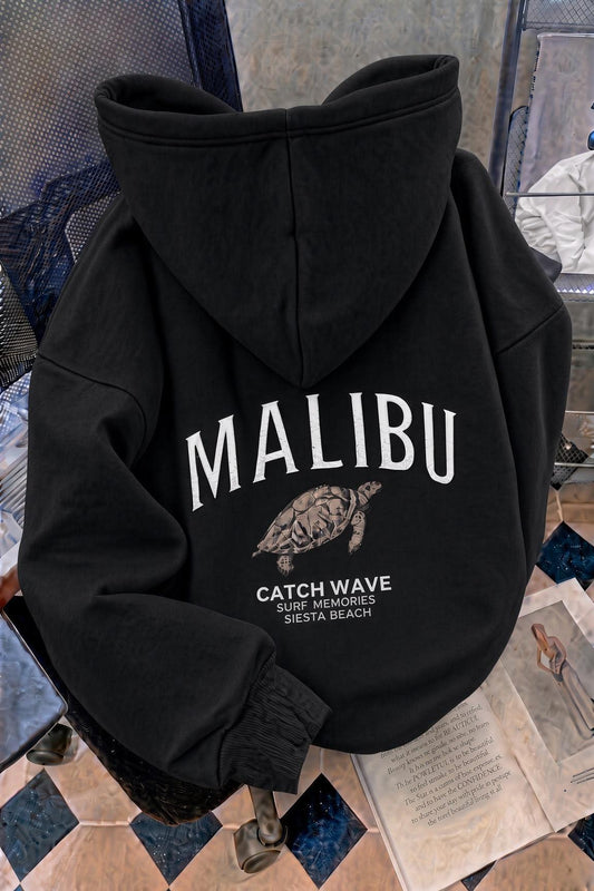 Malibu Kaplumbağa Unisex Sırt Baskılı Oversize Kapüşonlu Sweatshirt Kanguru Cepli İki İplik Şardonlu Hoodie