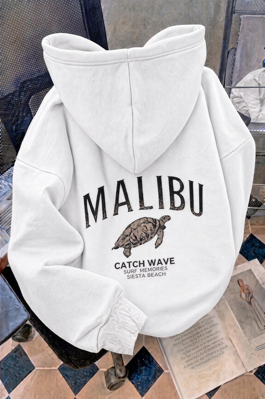 Malibu Kaplumbağa Unisex Sırt Baskılı Oversize Kapüşonlu Sweatshirt Kanguru Cepli İki İplik Şardonlu Hoodie
