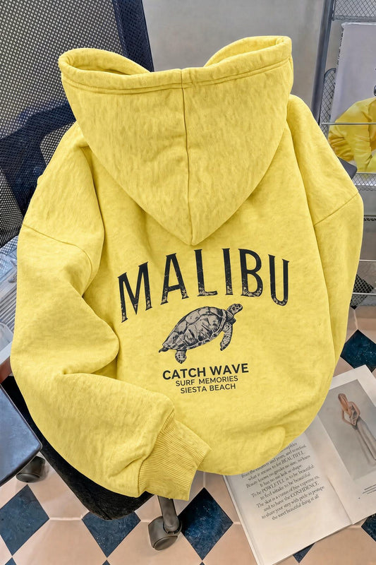 Malibu Kaplumbağa Unisex Sırt Baskılı Oversize Kapüşonlu Sweatshirt Kanguru Cepli İki İplik Şardonlu Hoodie