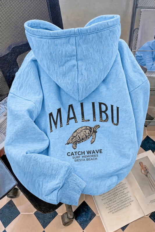 Malibu Kaplumbağa Unisex Sırt Baskılı Oversize Kapüşonlu Sweatshirt Kanguru Cepli İki İplik Şardonlu Hoodie