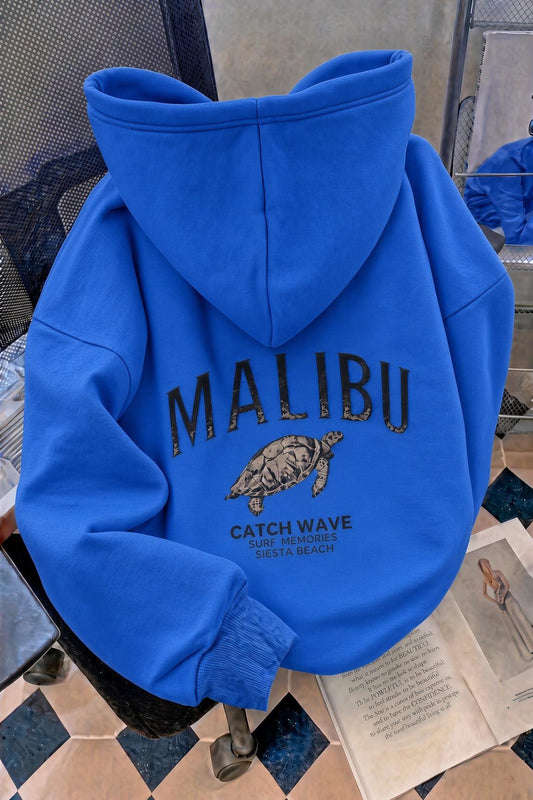 Malibu Kaplumbağa Unisex Sırt Baskılı Oversize Kapüşonlu Sweatshirt Kanguru Cepli İki İplik Şardonlu Hoodie