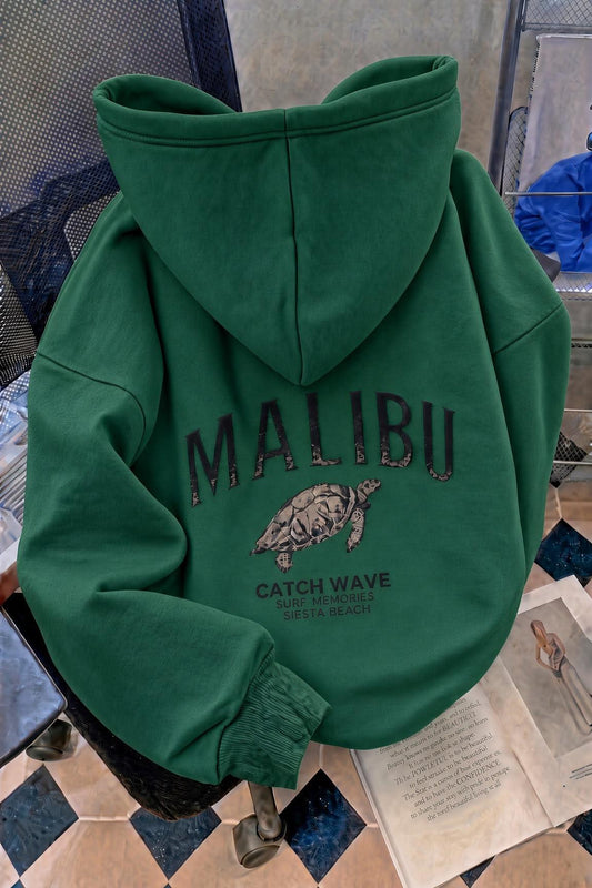 Malibu Kaplumbağa Unisex Sırt Baskılı Oversize Kapüşonlu Sweatshirt Kanguru Cepli İki İplik Şardonlu Hoodie