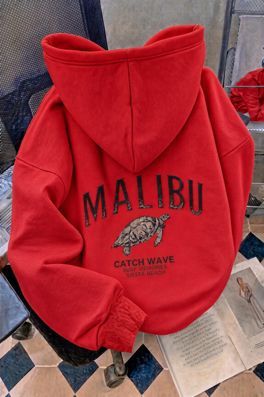 Malibu Kaplumbağa Unisex Sırt Baskılı Oversize Kapüşonlu Sweatshirt Kanguru Cepli İki İplik Şardonlu Hoodie