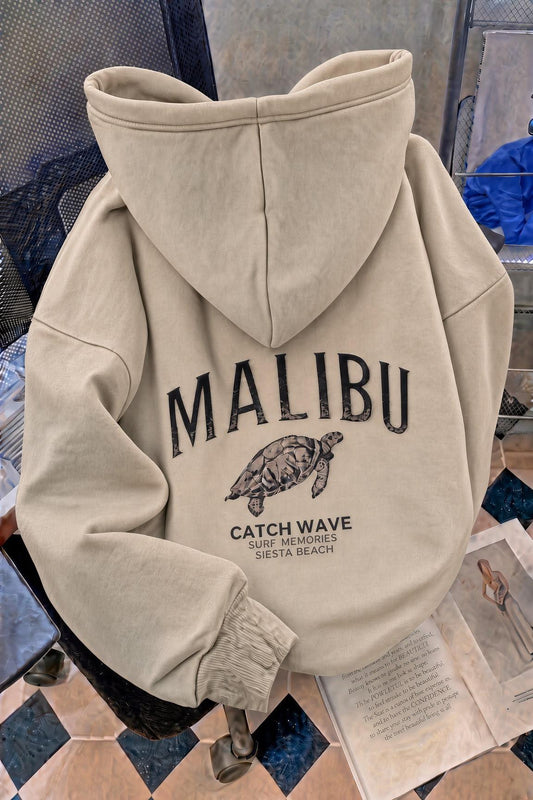 Malibu Kaplumbağa Unisex Sırt Baskılı Oversize Kapüşonlu Sweatshirt Kanguru Cepli İki İplik Şardonlu Hoodie