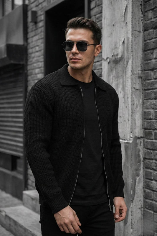 Mams Erkek Slim Fit Fermuarlı Polo Yaka Ribanalı Triko Hırka