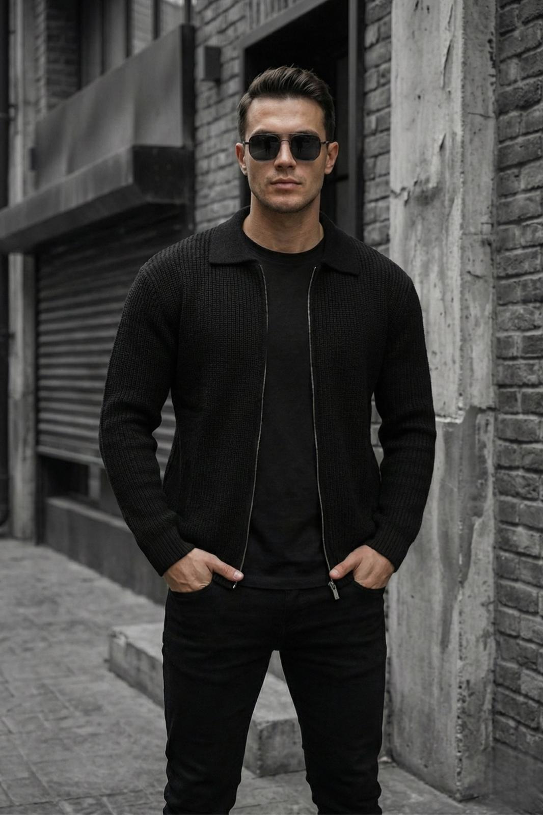 Mams Erkek Slim Fit Fermuarlı Polo Yaka Ribanalı Triko Hırka