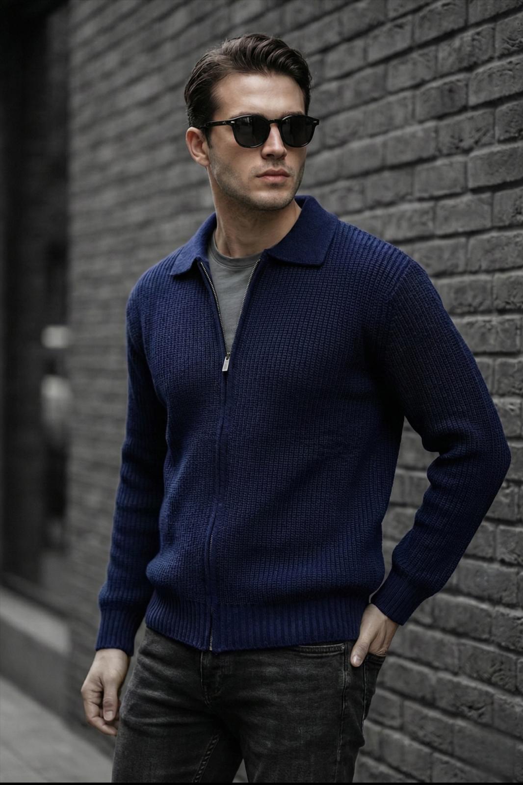 Mams Erkek Slim Fit Fermuarlı Polo Yaka Ribanalı Triko Hırka