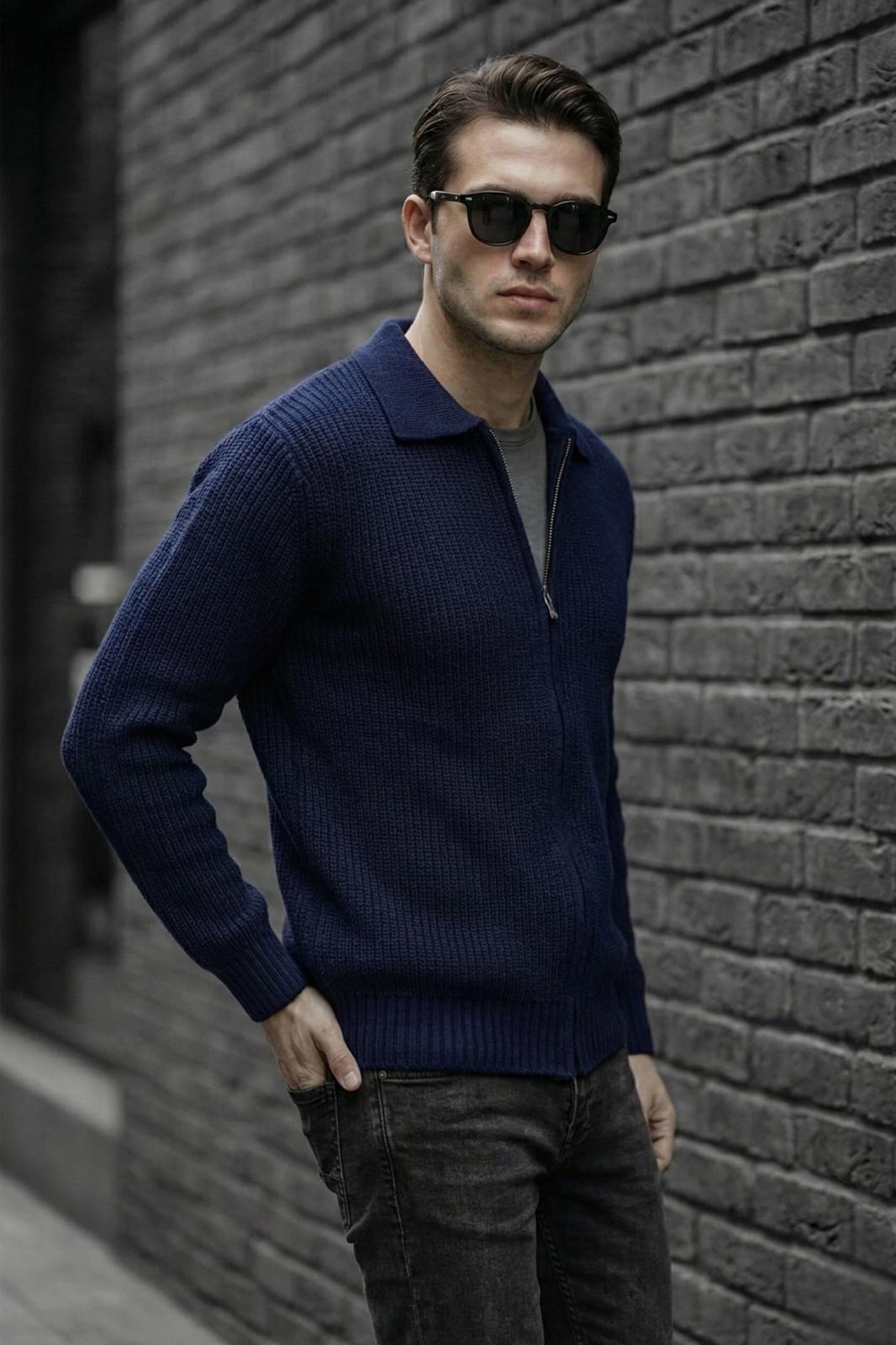 Mams Erkek Slim Fit Fermuarlı Polo Yaka Ribanalı Triko Hırka