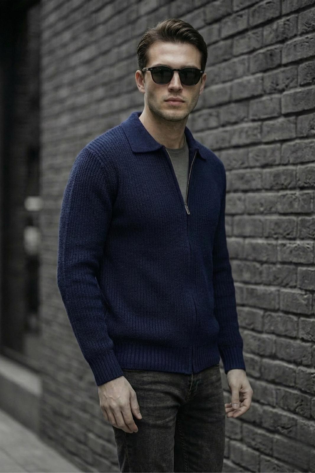 Mams Erkek Slim Fit Fermuarlı Polo Yaka Ribanalı Triko Hırka