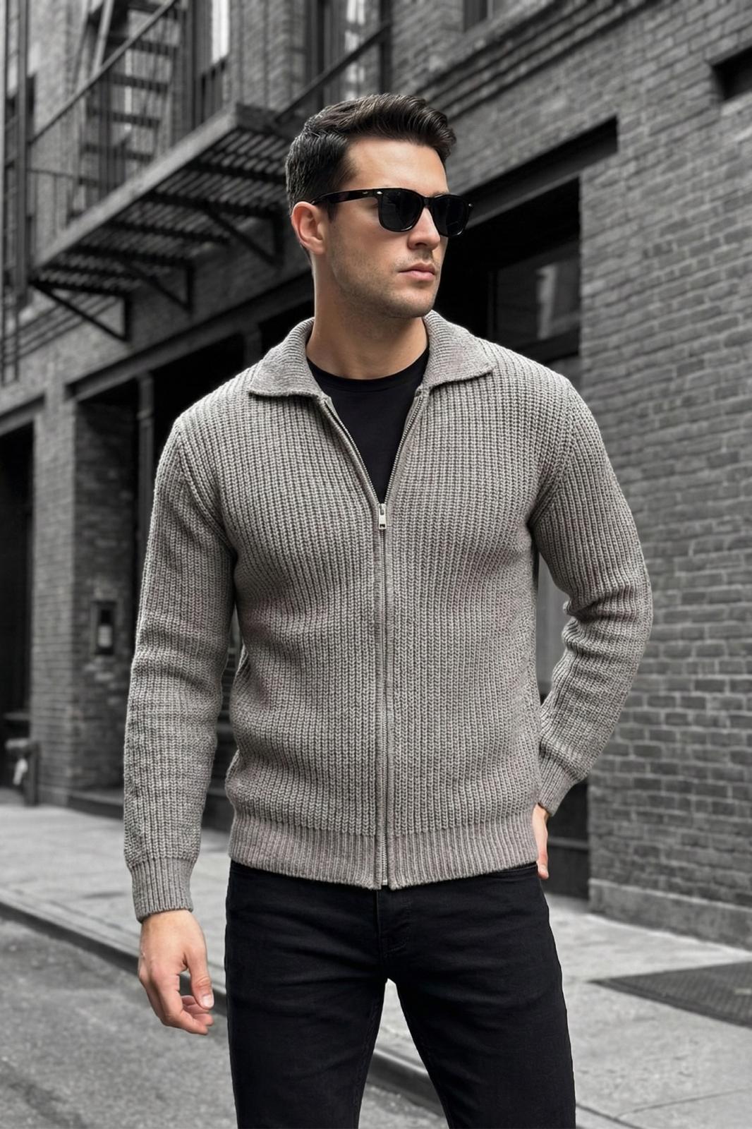 Mams Erkek Slim Fit Fermuarlı Polo Yaka Ribanalı Triko Hırka
