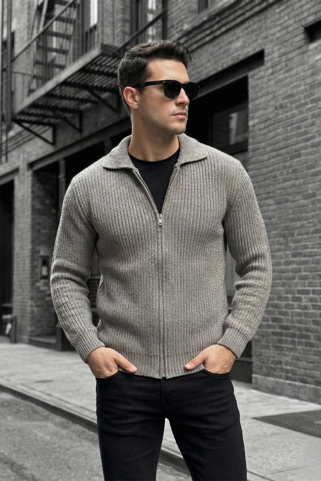 Mams Erkek Slim Fit Fermuarlı Polo Yaka Ribanalı Triko Hırka